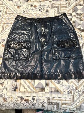 FREE PEOPLE Shiny Blue Mini Skirt with Front Patch Pockets